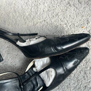 Giorgio Armani Black Leather Heels with Rose Embroidery - Size 39 1/2 (Size 9)